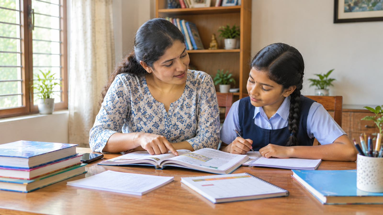 An Indian tutor and school student reviewing textbooks and planning lessons together at a home study table.