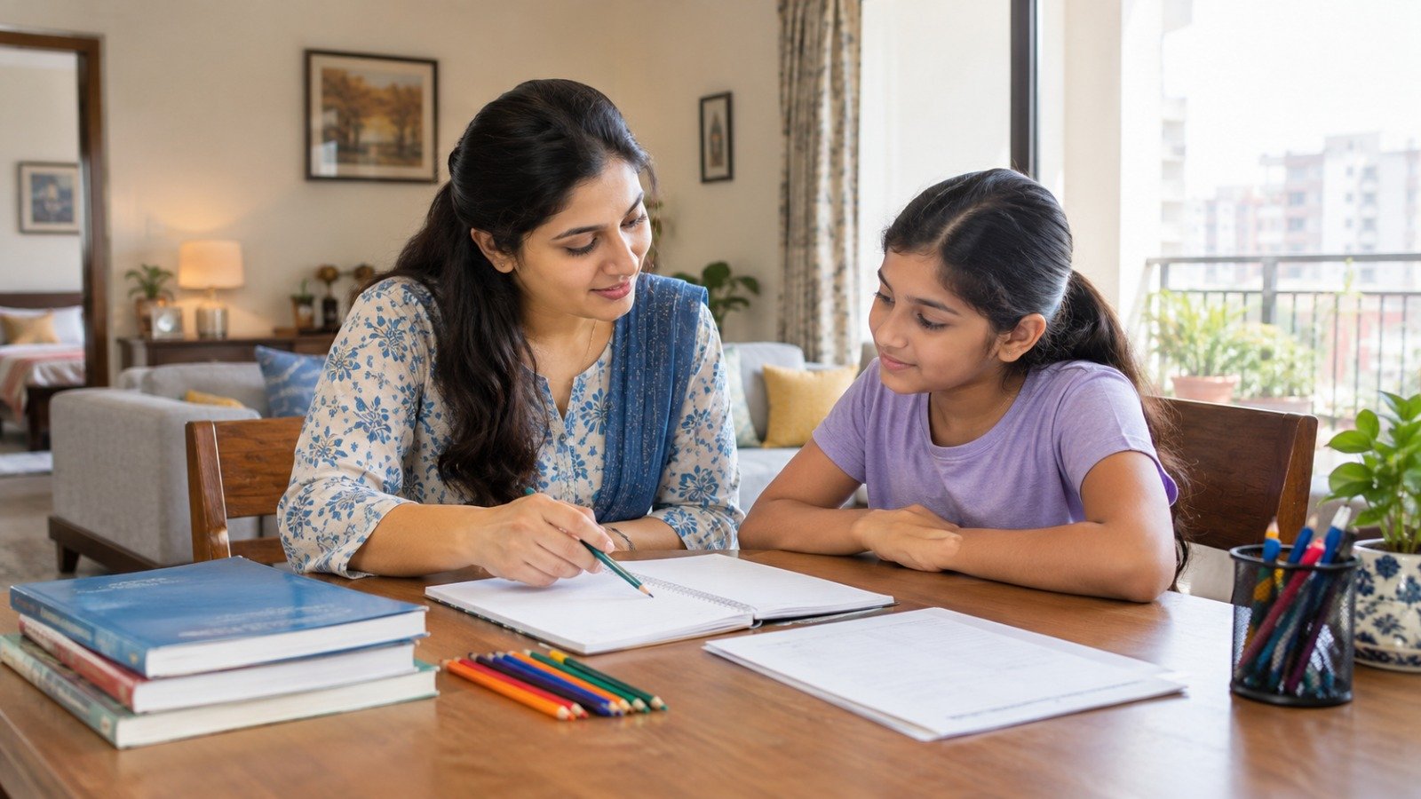 An Indian teacher helping a school-age student study at home in a bright, welcoming Faridabad apartment.