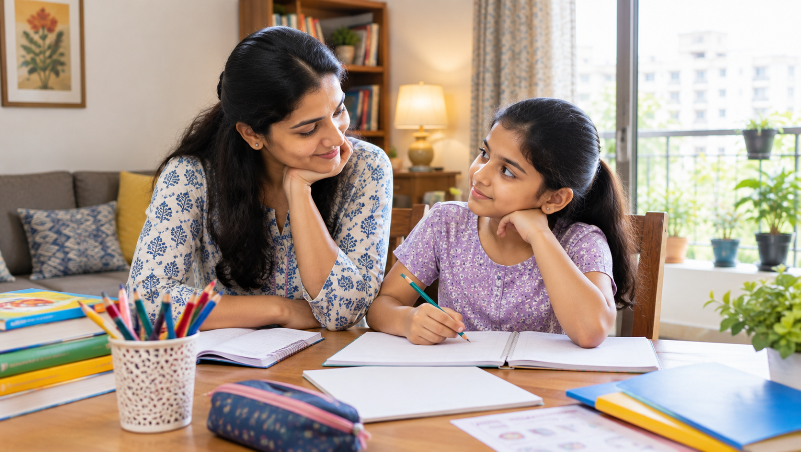 An Indian parent gently supporting a school-age child with a fun learning activity at home.