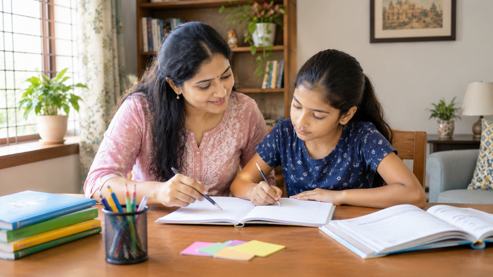An Indian home tutor helps a school-age student study at a tidy table in a comfortable Nagpur home.