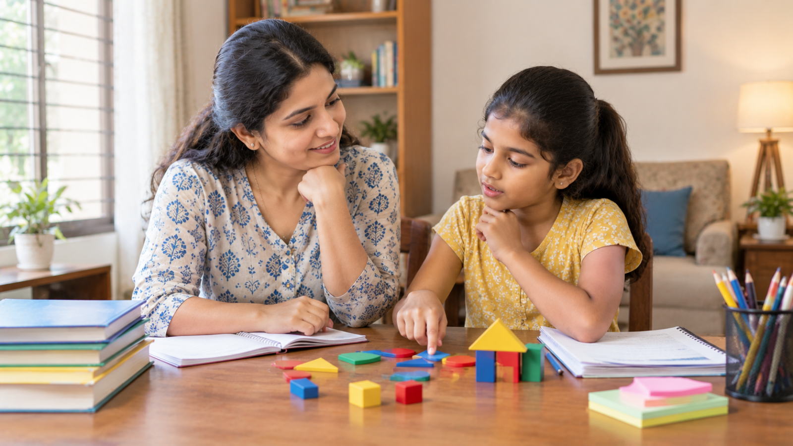 An Indian tutor encourages a school-age child to think through a problem using books and learning materials at home.