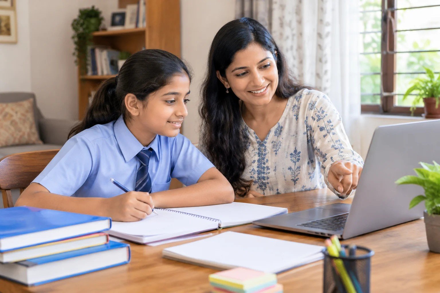 An Indian school student learning with a tutor at home, with a laptop and study books nearby.