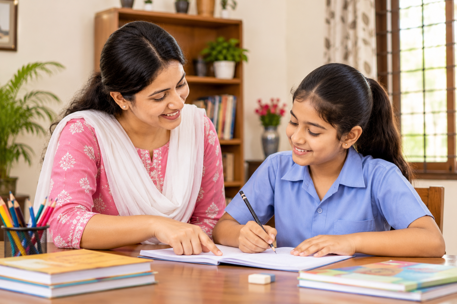 An Indian home tutor teaching a school student at a study table in a comfortable Ludhiana home.