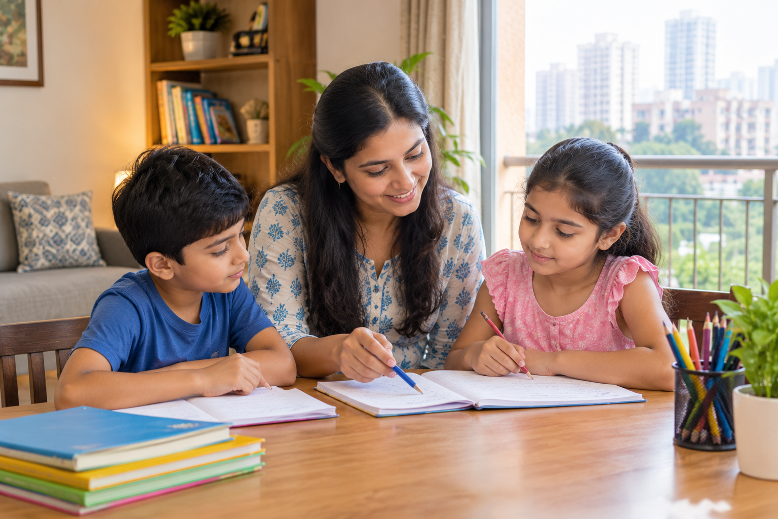 An Indian woman tutor teaching two schoolchildren at home, with books and notebooks and residential apartments visible outside.