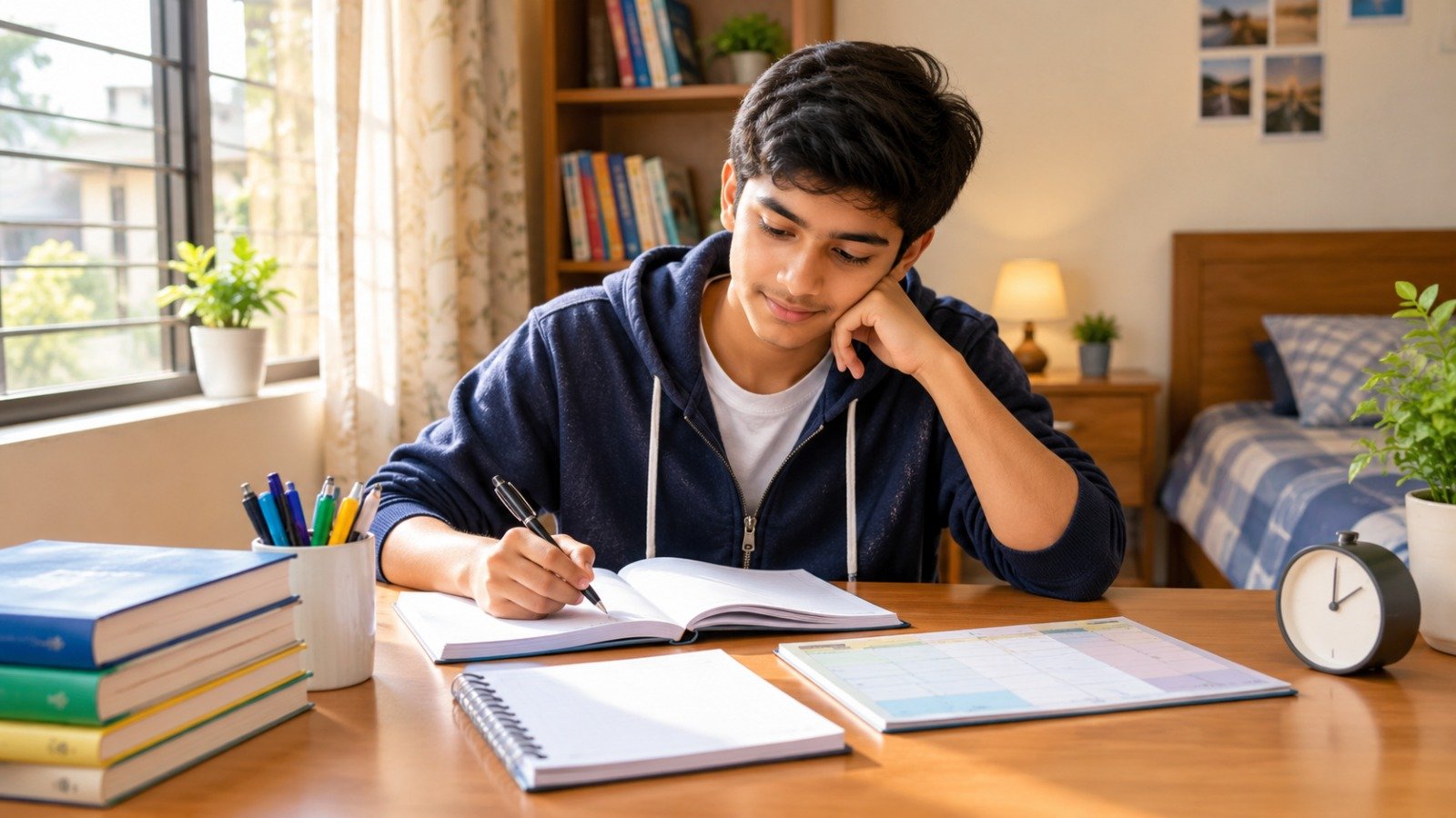 An Indian Class 10 student studies textbooks at a desk in a bright, organised home study space.