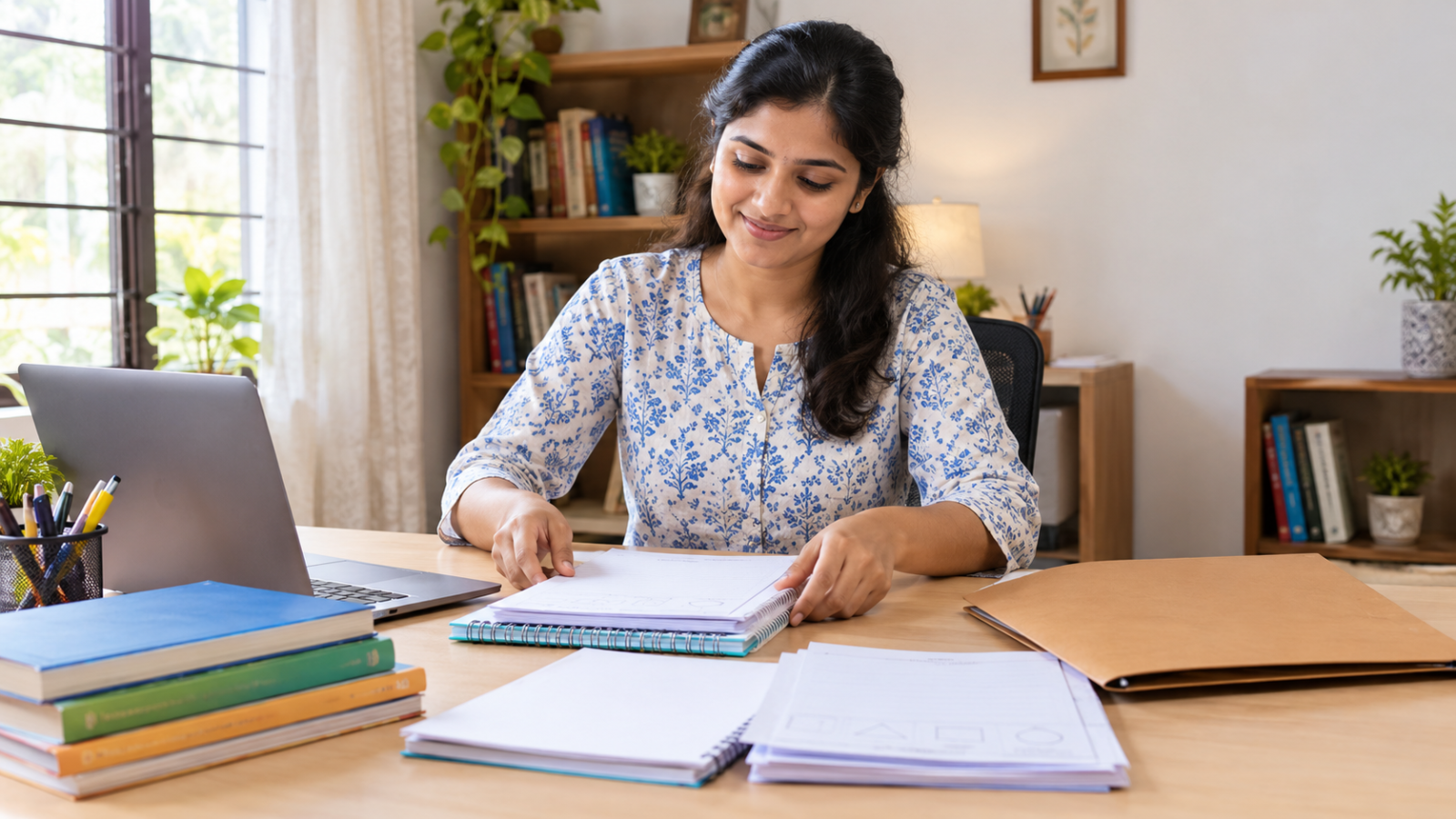 An Indian home tutor organising teaching materials and sample worksheets at a desk in a bright, welcoming study room.