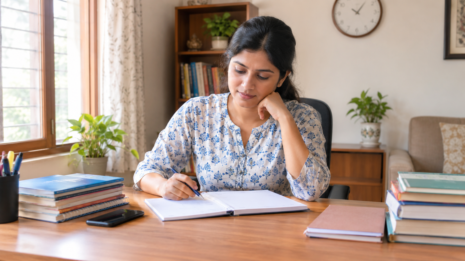 An Indian home tutor reviews lesson notes and a teaching schedule after a student cancels a class.