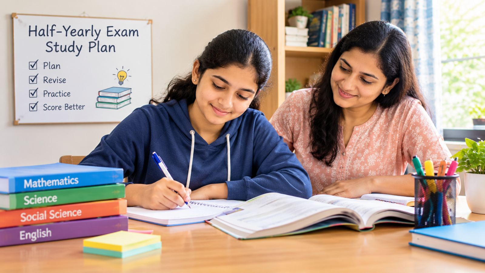 An Indian school student revises textbooks and handwritten notes at a tidy study desk with a parent nearby.