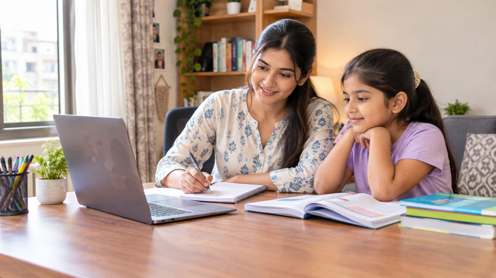 An Indian tutor teaches a student online from a bright home study space with a laptop and notebooks.