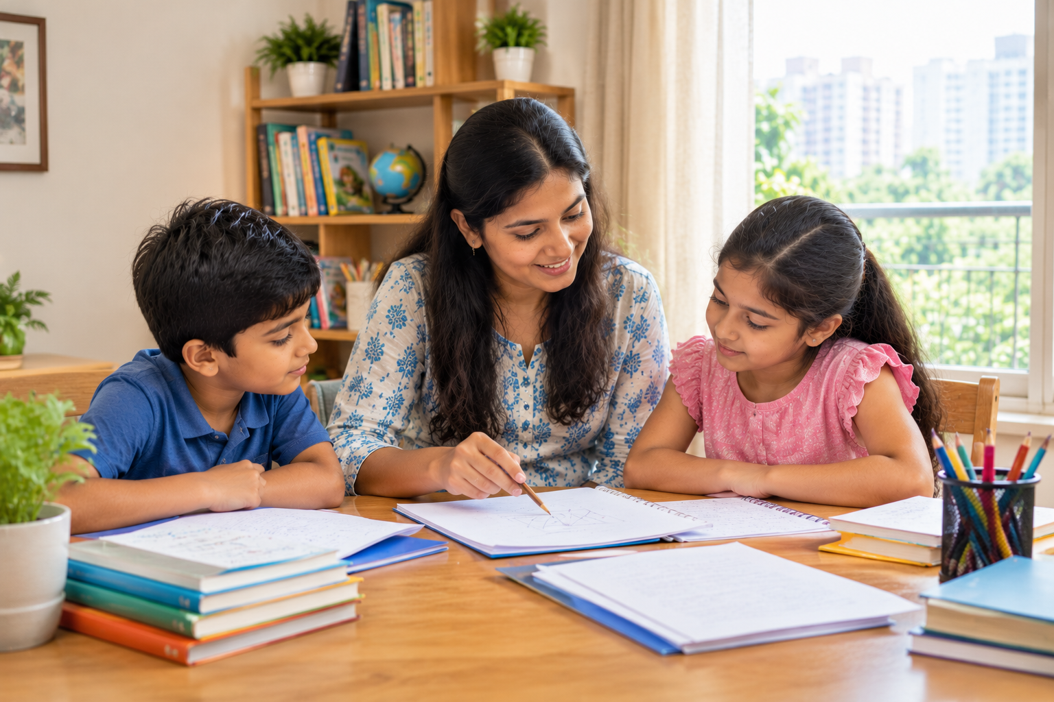 An Indian tutor presenting a sample lesson to students at a neat study table, with lesson plans, notebooks and teaching materials.