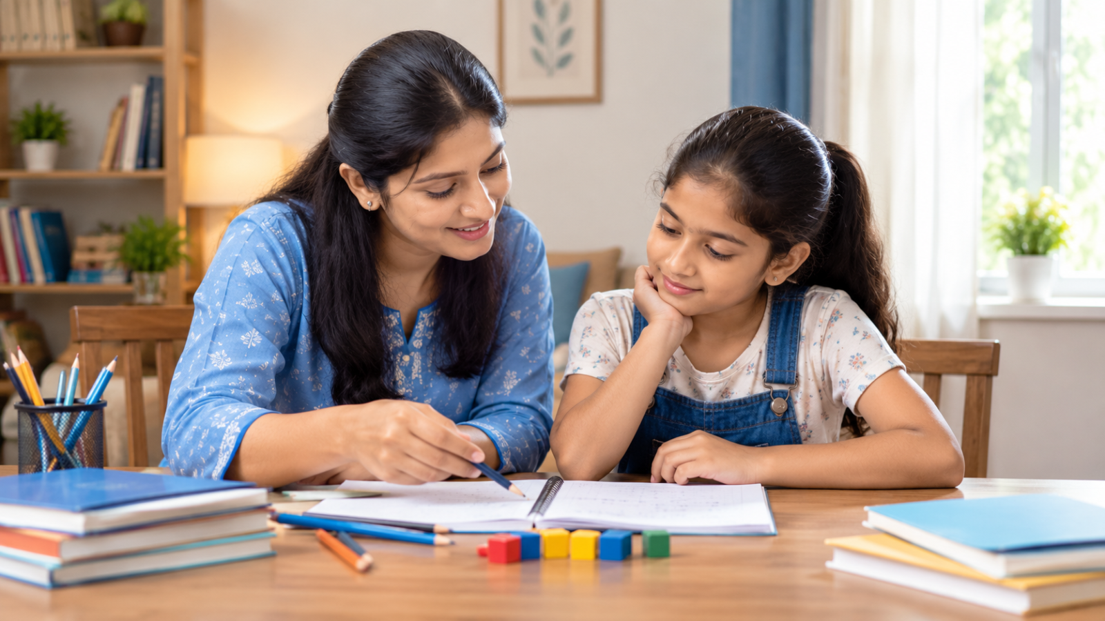 Create a photorealistic editorial photograph for an Indian education blog. Show an Indian private tutor helping a school-age Indian child understand a mathematics word problem at a clean study table i