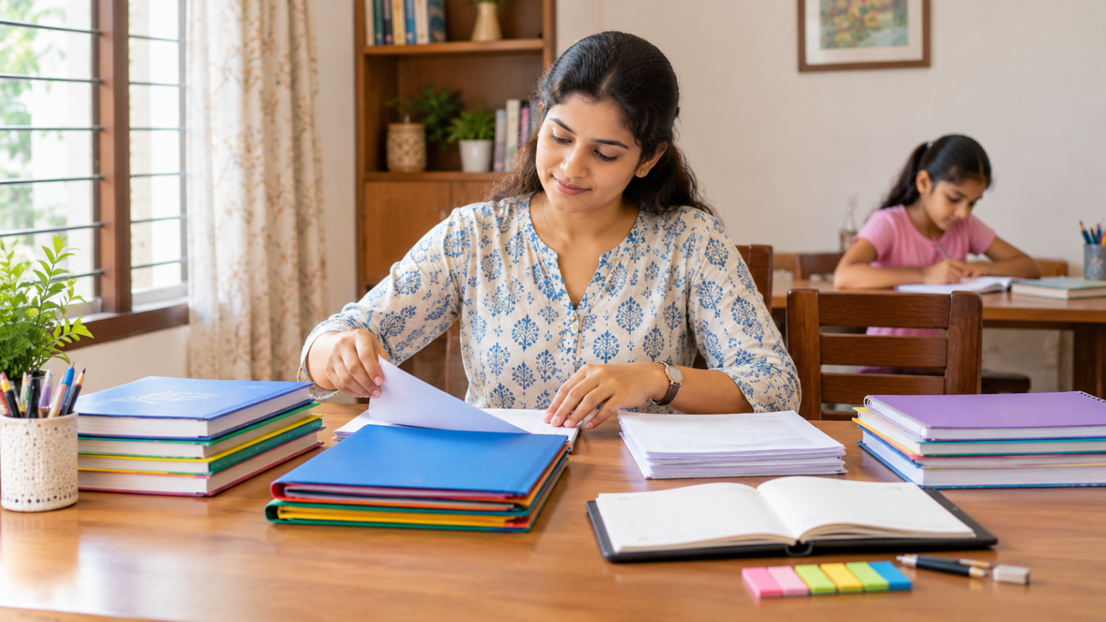 An Indian home tutor sorts subject-wise textbooks, worksheets and lesson plans on a tidy study table.