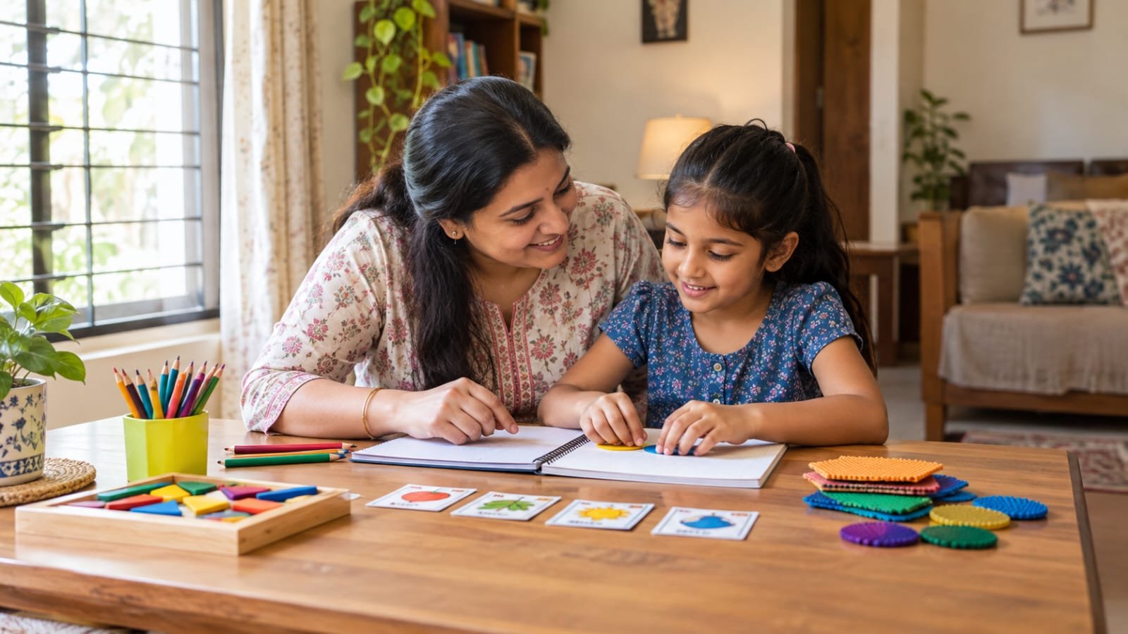 An Indian parent supports a child studying with colourful learning materials in a calm, welcoming home.