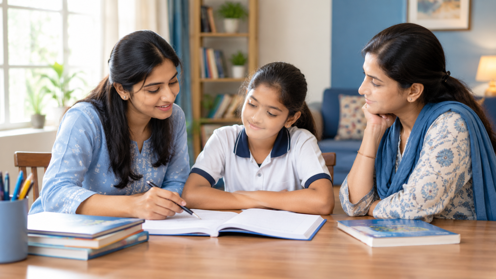 An Indian home tutor discussing a school student's learning progress with a parent at a study table.