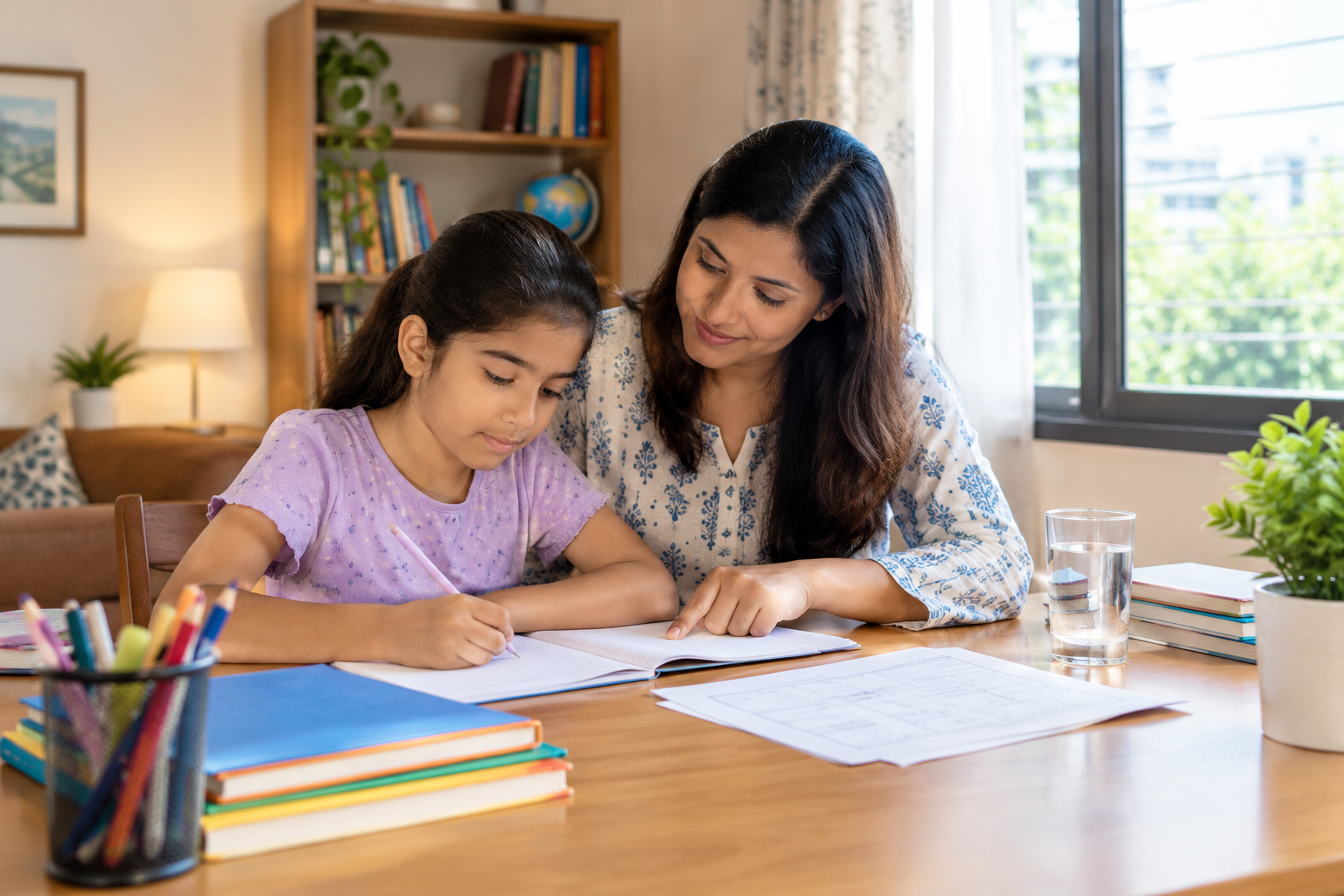 An Indian parent helping a school-age child study at a tidy desk with books, notebooks and pencils in a bright home.