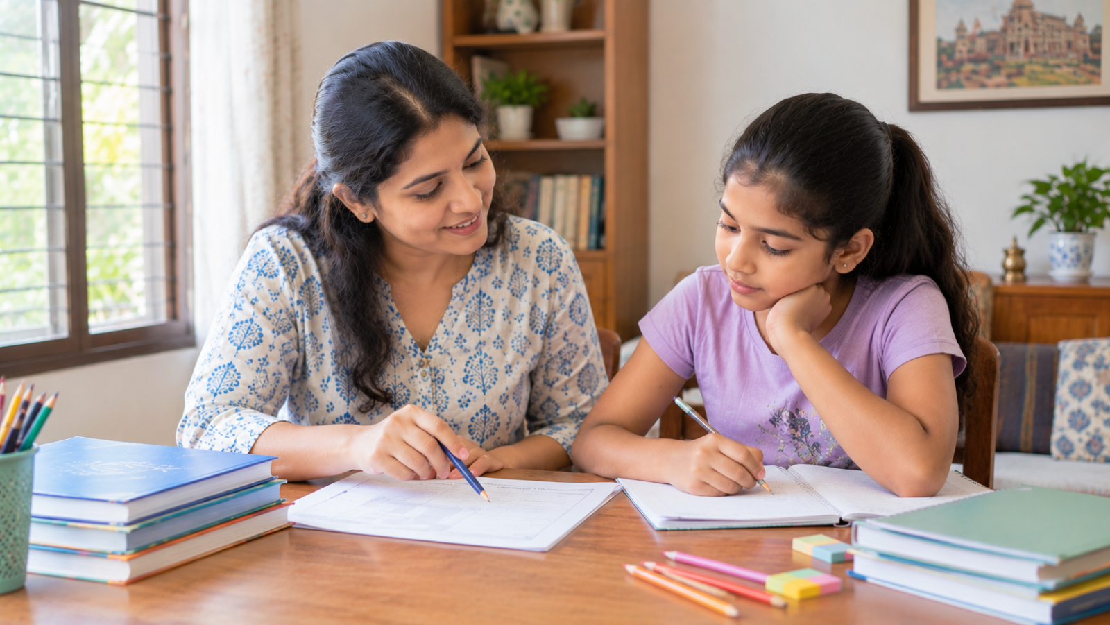 An Indian private tutor guides a school student through a worksheet at a tidy home study table.