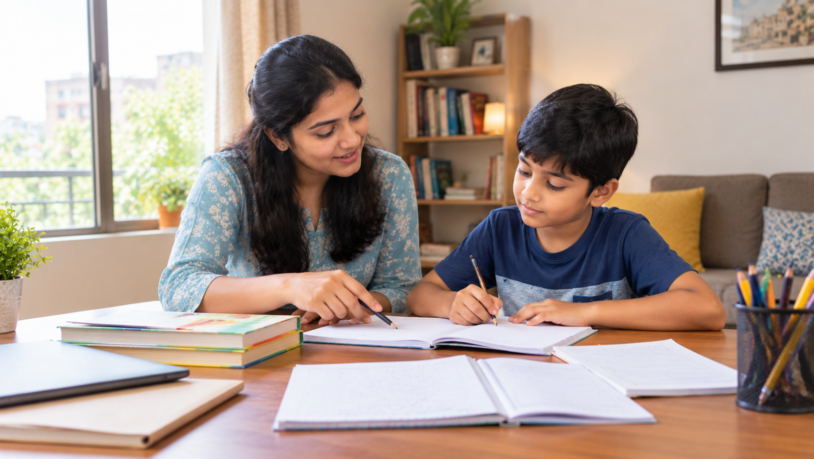 An Indian home tutor confidently explaining a lesson to a schoolchild at a neat study table in a bright home.