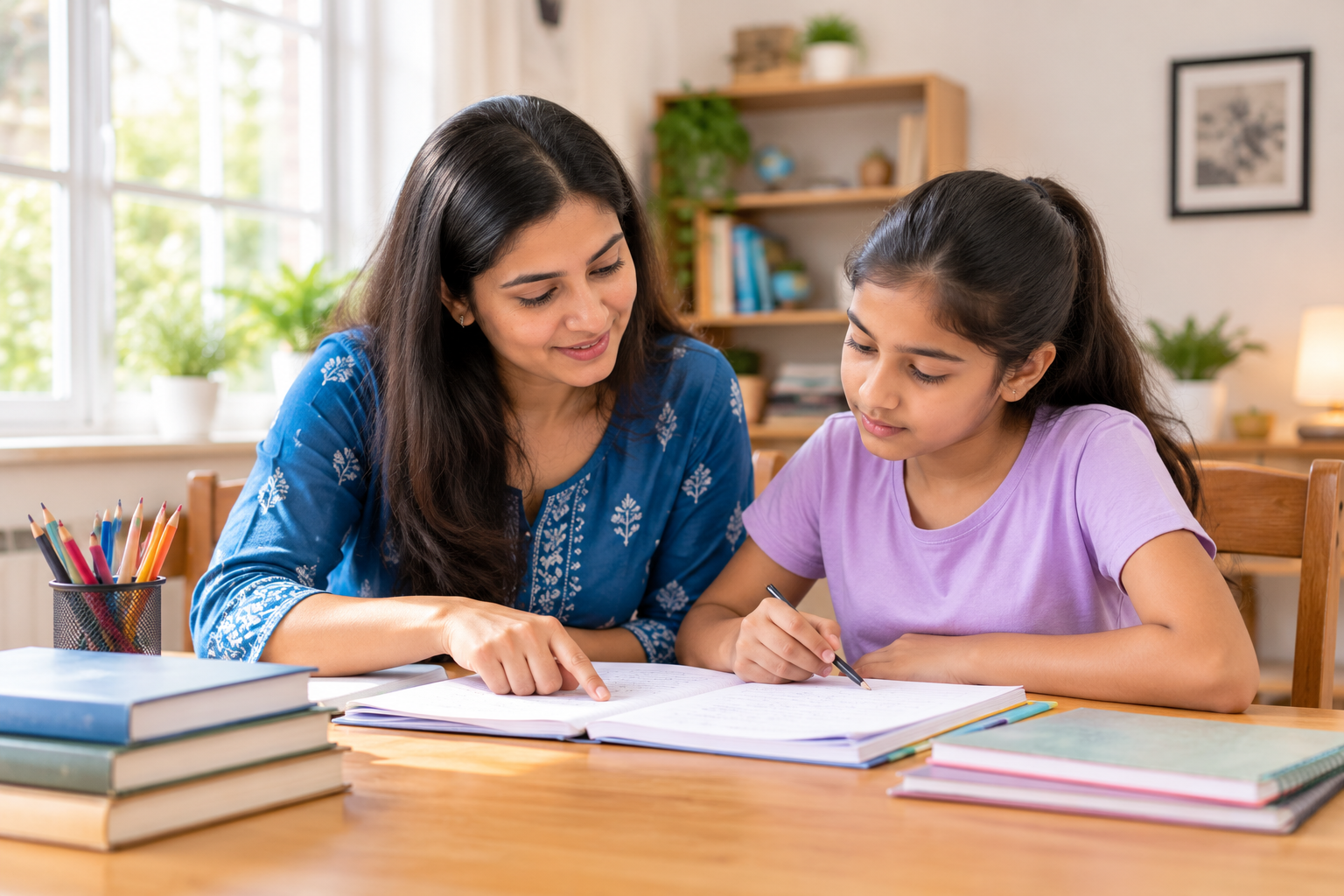 An Indian tutor checking a school student's notebook at a study desk, with books and stationery in a bright home setting.