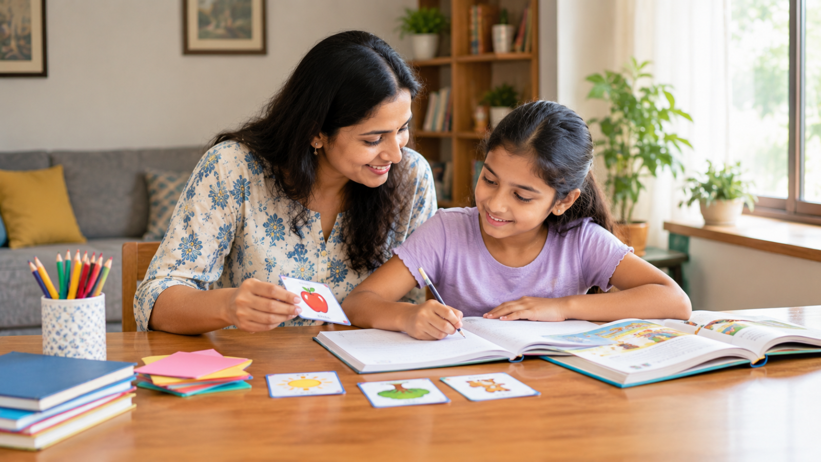 An Indian parent helps a school-age child practise English spelling and vocabulary at a home study table.