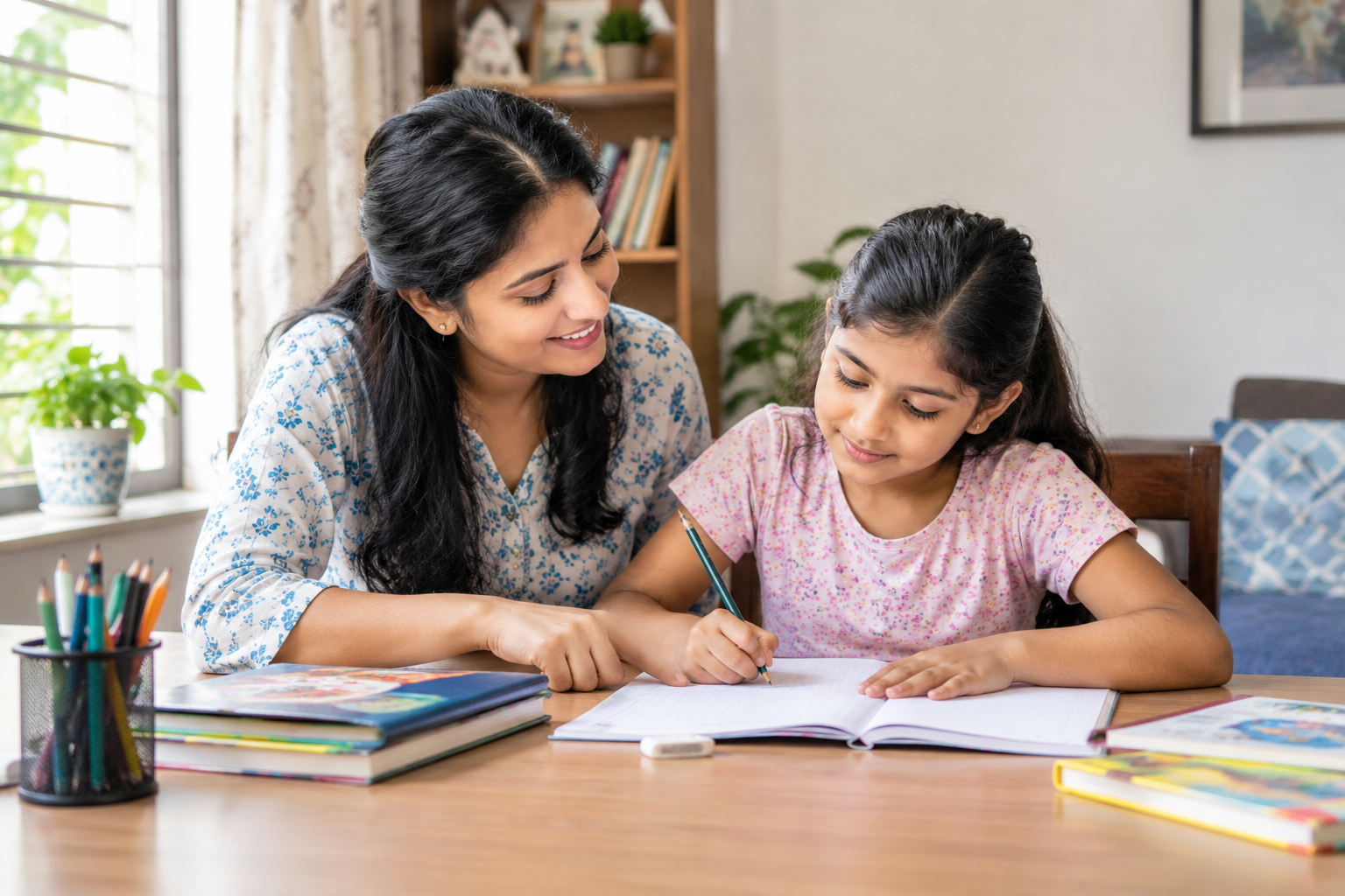 An Indian tutor helps a school-age child practise writing in a notebook at a comfortable home study table.