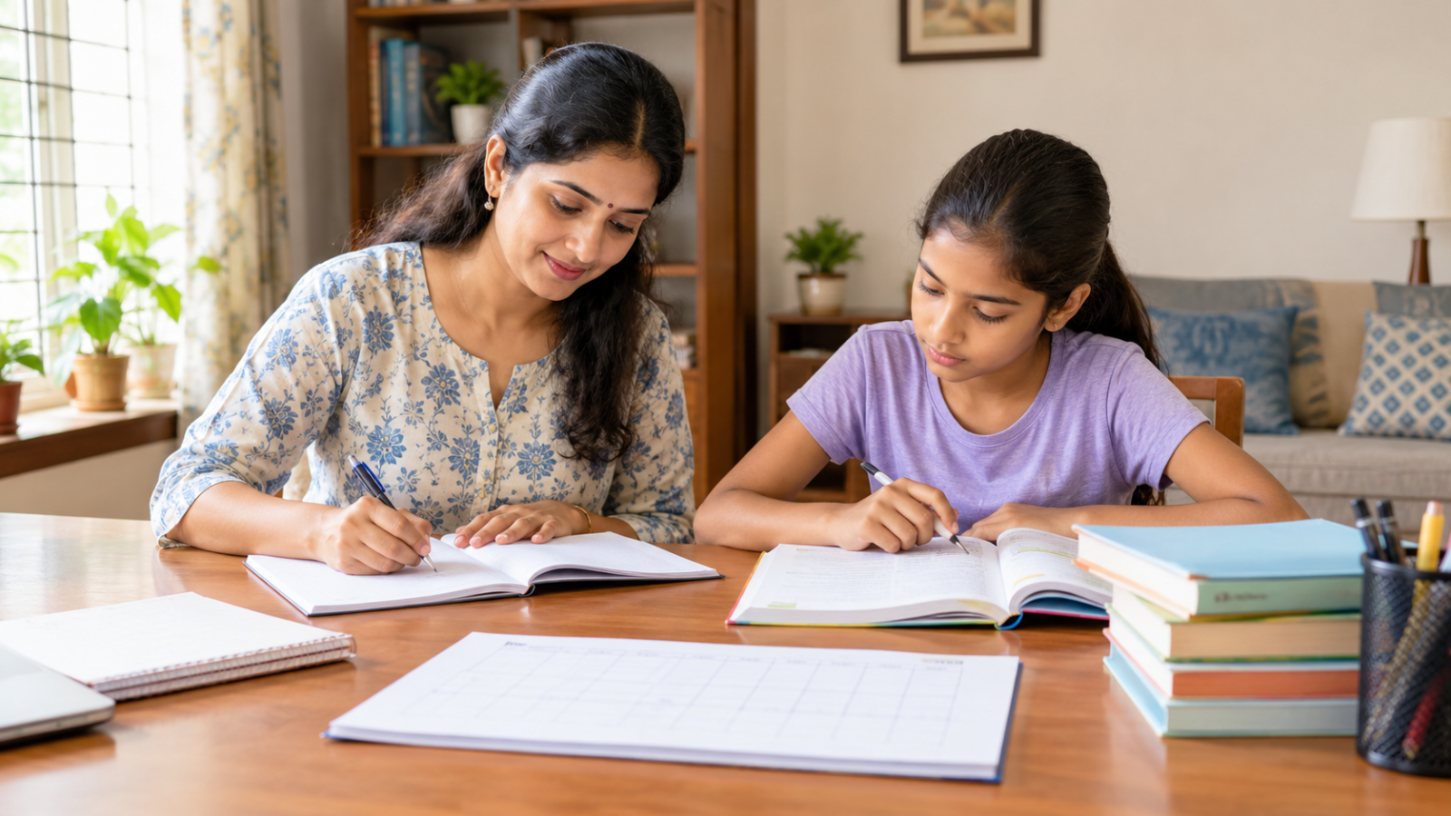An Indian home tutor records a student's attendance and learning progress in a notebook during a tuition session.