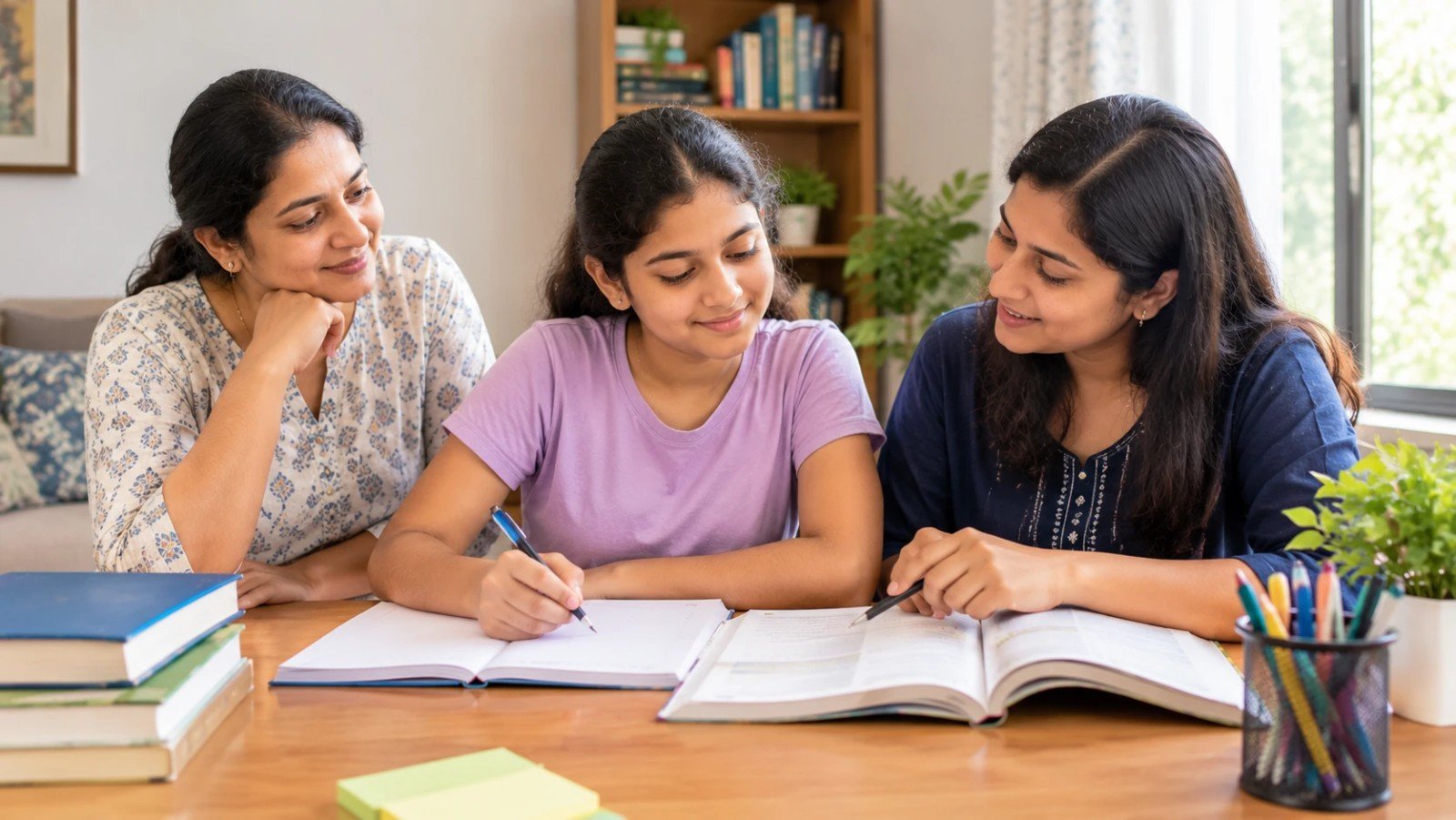 An Indian parent observes a friendly home tutor helping a school student study at a desk with books and notebooks.