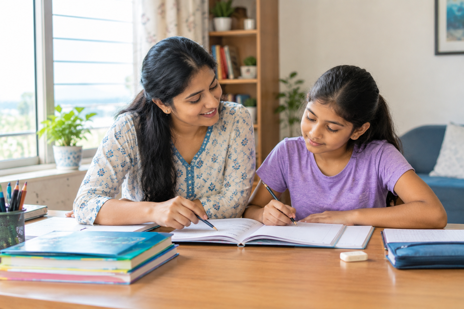 An Indian home tutor teaches a school student at a study table in a comfortable Visakhapatnam home.