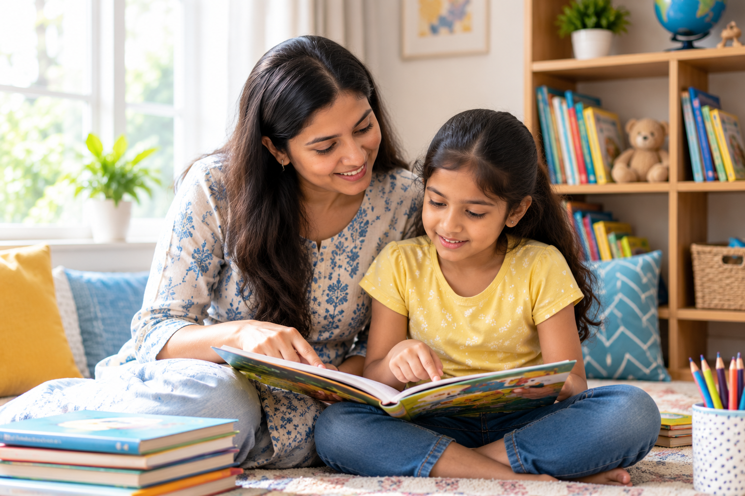 An Indian parent reading a colourful storybook with a primary-school child in a bright, comfortable home reading corner.