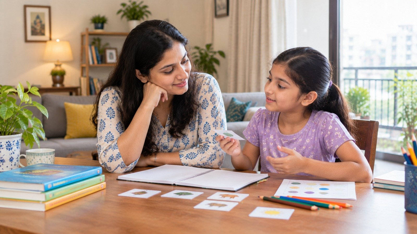 An Indian parent observing their school-age child explore a learning activity with books and coloured pencils at home.