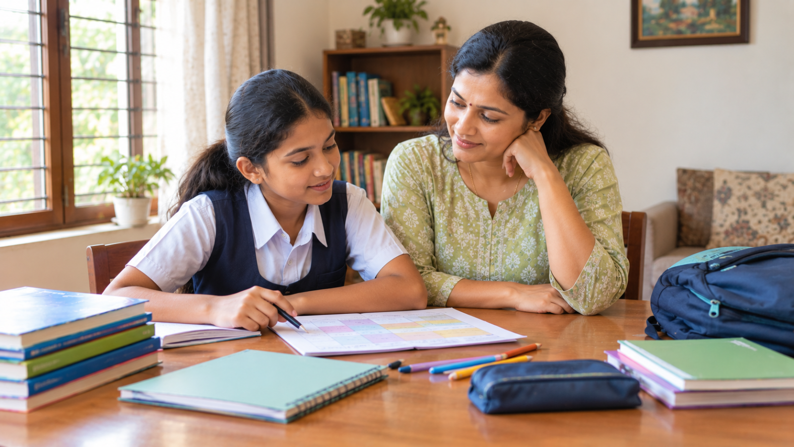 An Indian parent supporting a school-age child with books and a timetable at home before starting middle school.
