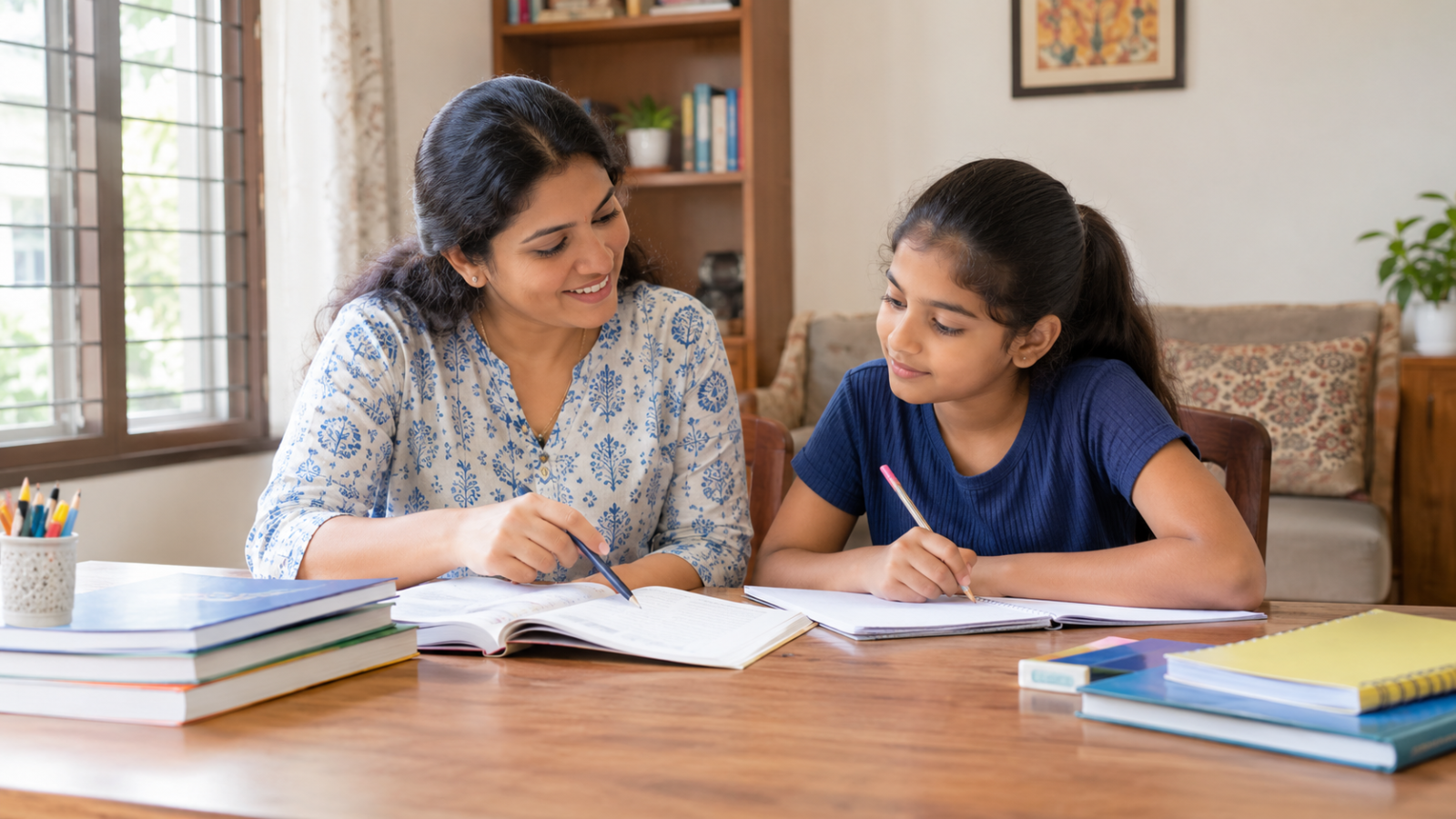 An Indian home tutor helps a school student study at a table in a welcoming Vadodara home.