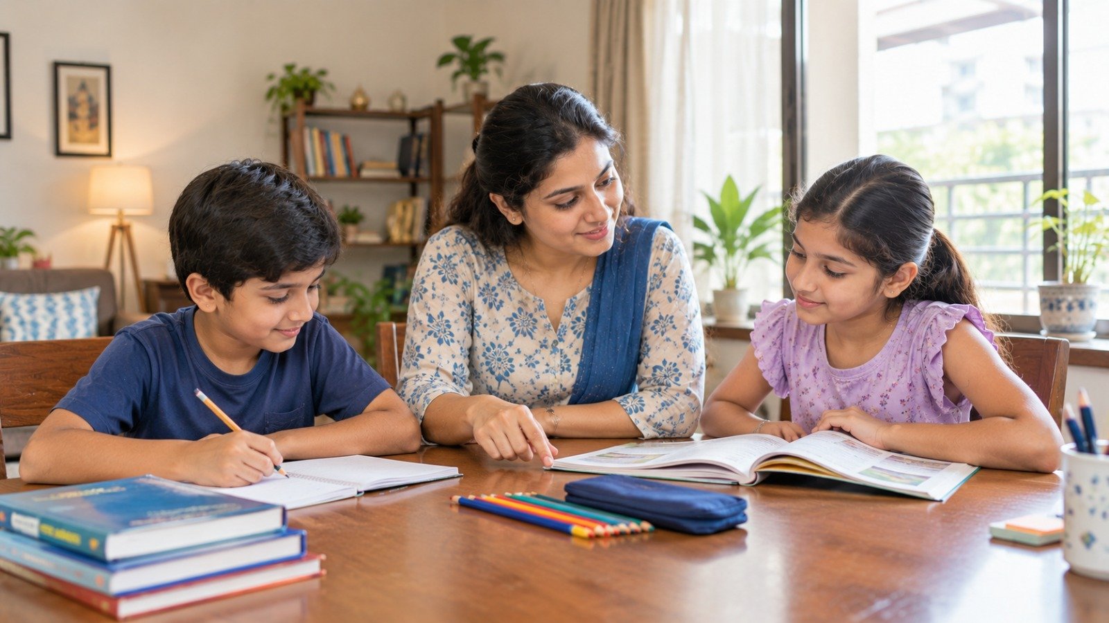 An Indian home tutor guiding two school-age siblings through different learning activities at a table.