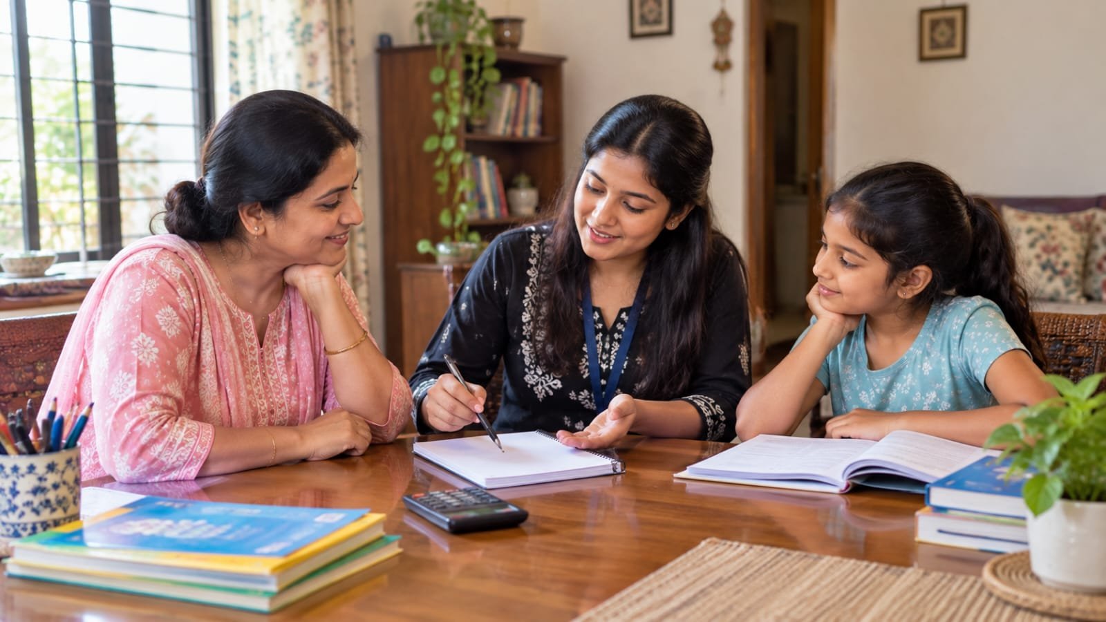 An Indian parent discusses a child’s study plan with a home tutor at a table in a bright family home.