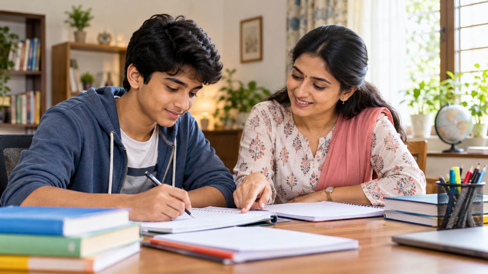 An Indian Class 10 student studies with a tutor at home, reviewing practice worksheets and textbooks.