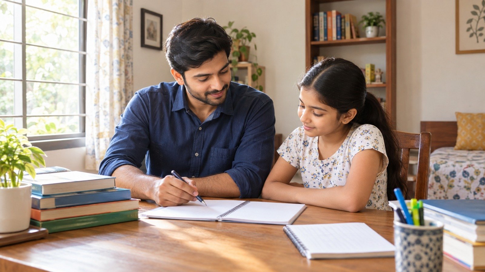 An Indian home tutor teaches a school student at a desk in a bright, welcoming home.