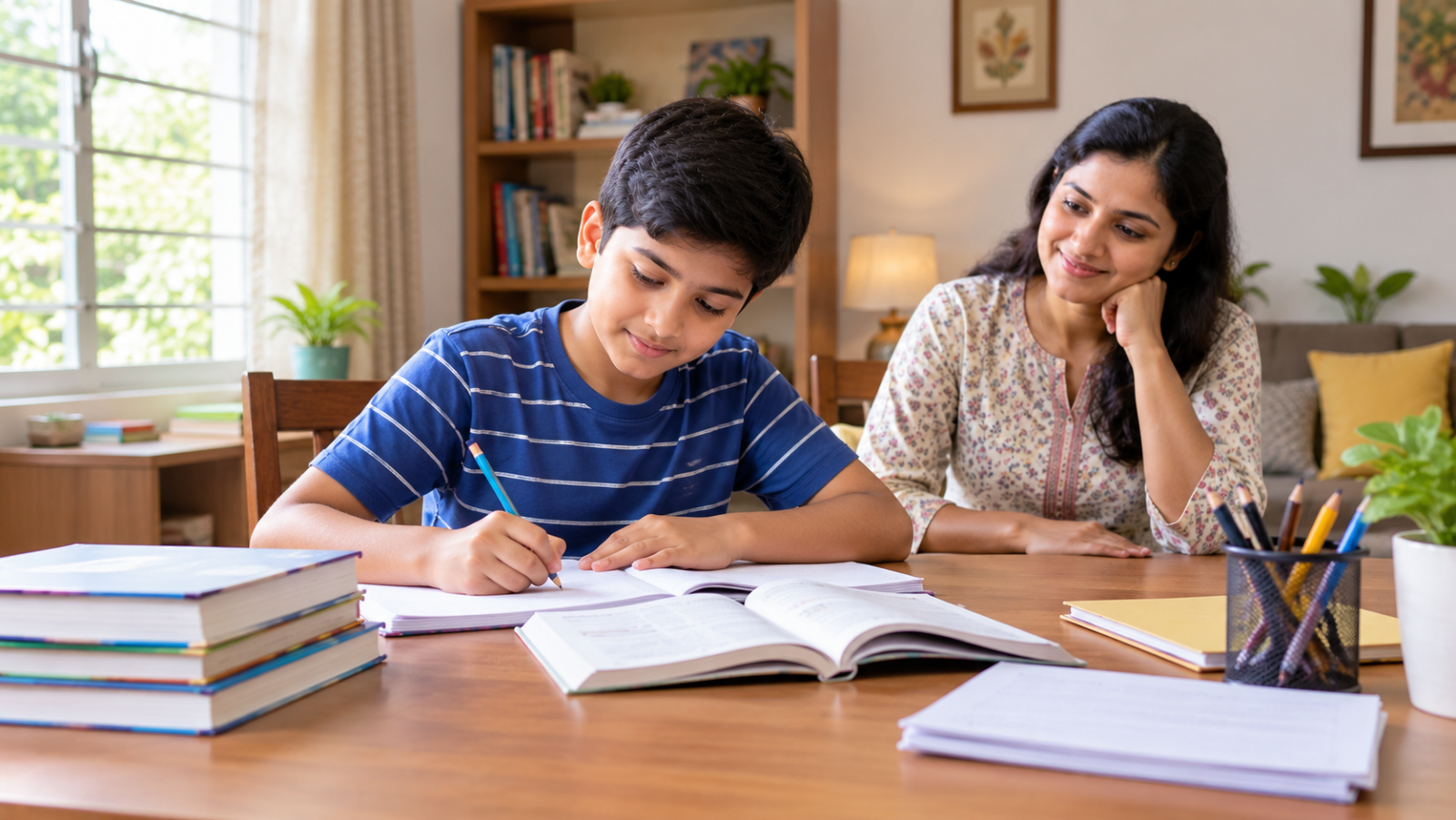 An Indian schoolchild independently studying at a tidy desk while a parent offers gentle encouragement in a bright home.