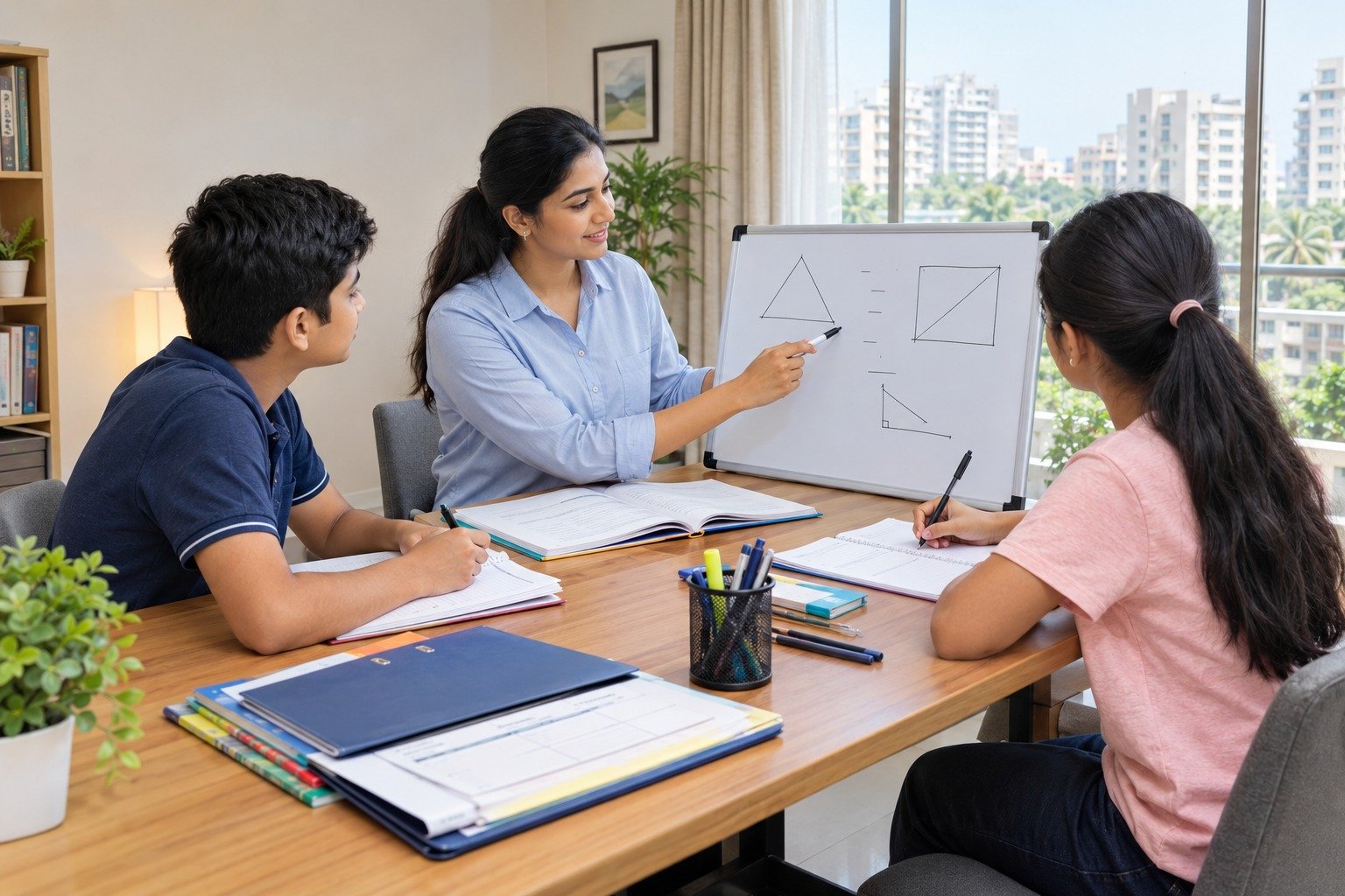 An Indian private tutor teaching school students at a home study table, with notebooks, textbooks and learning materials.