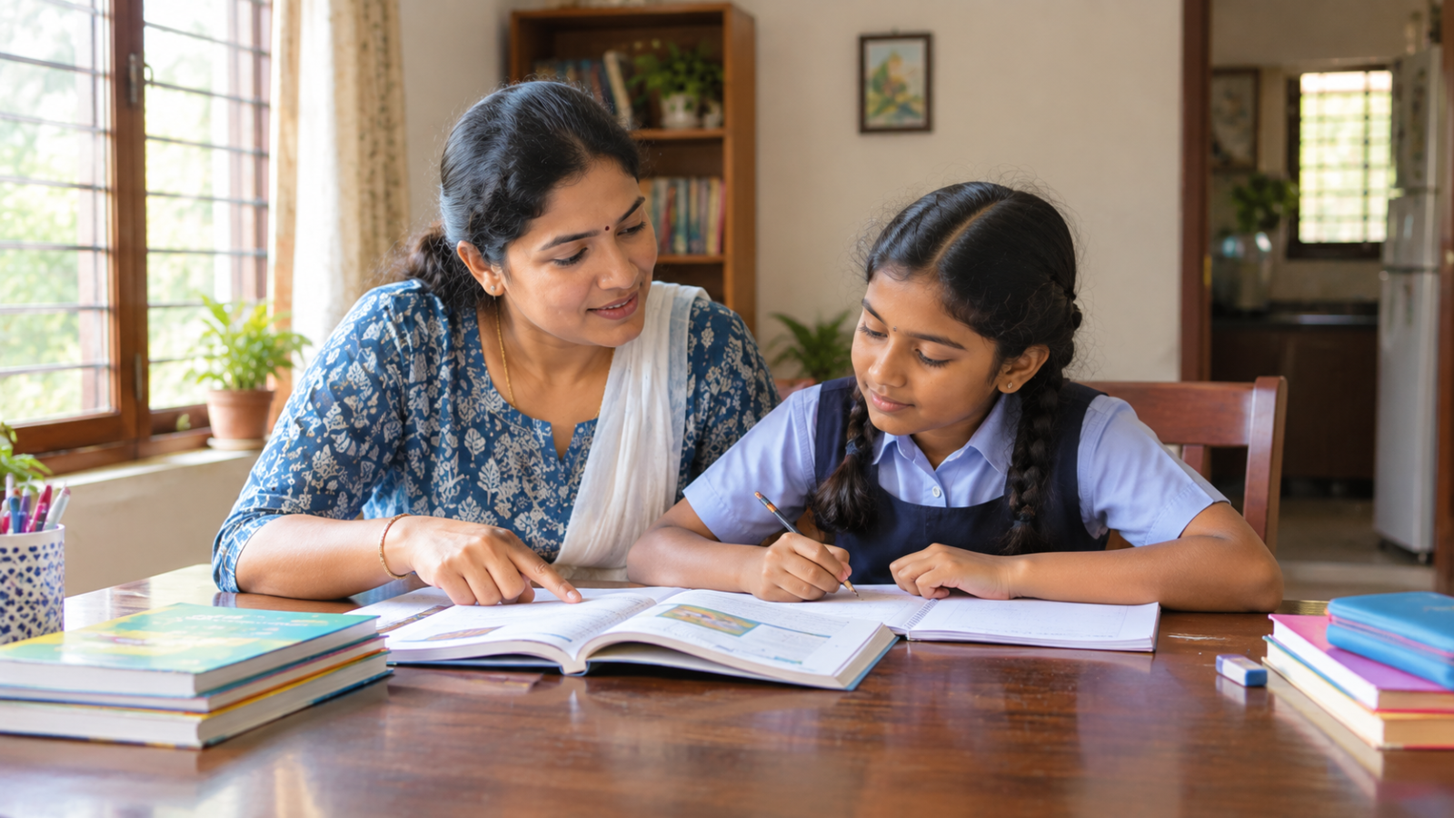 An Indian private tutor teaching a school student at a study table in a Coimbatore home.