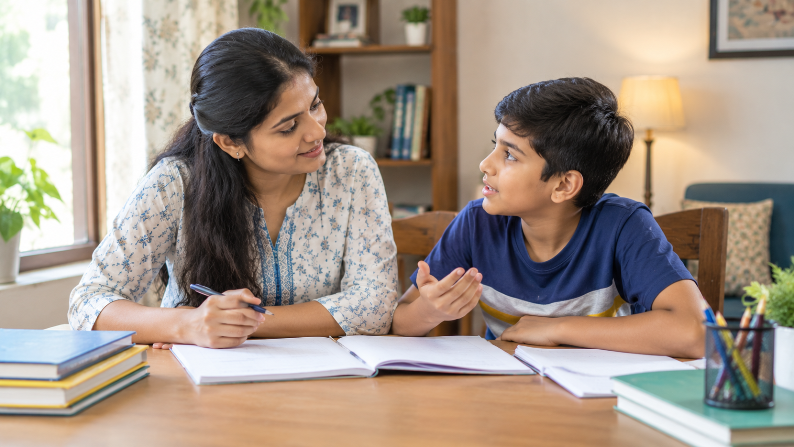 An Indian tutor gently encourages a school student to ask questions during a relaxed home tuition session.