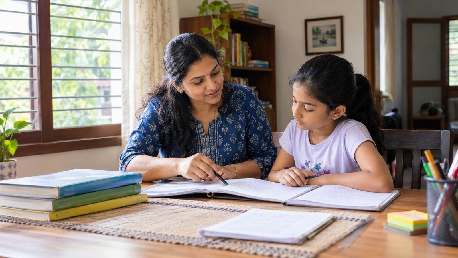 A South Indian tutor helping a school student study at a table in a comfortable home in Kochi.