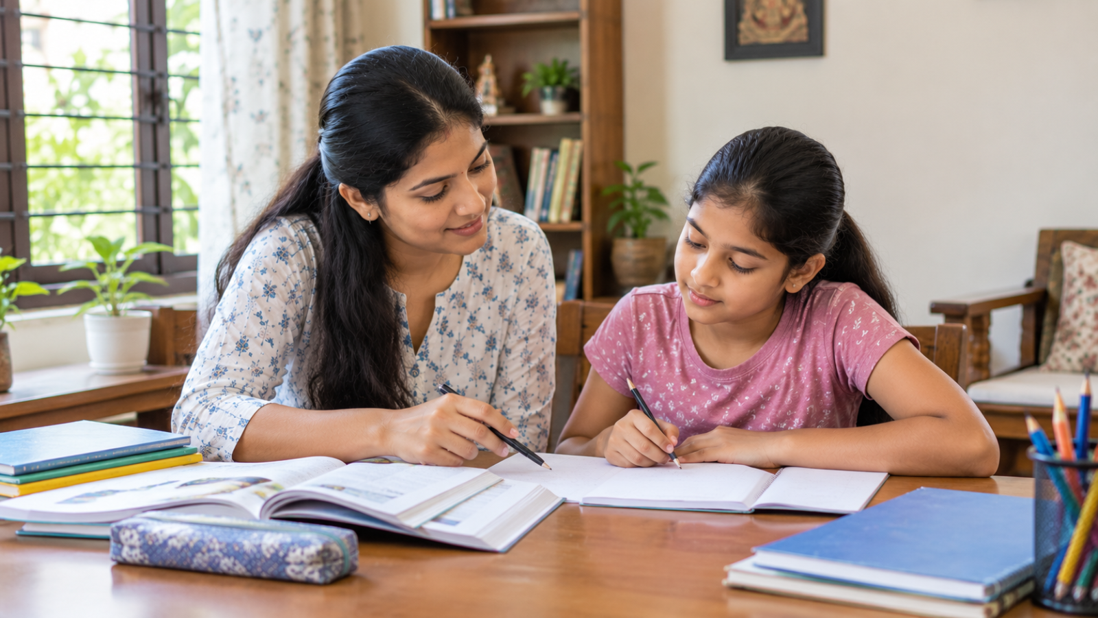 An Indian home tutor helps a school student study at a table in a bright, welcoming home in Mysuru.