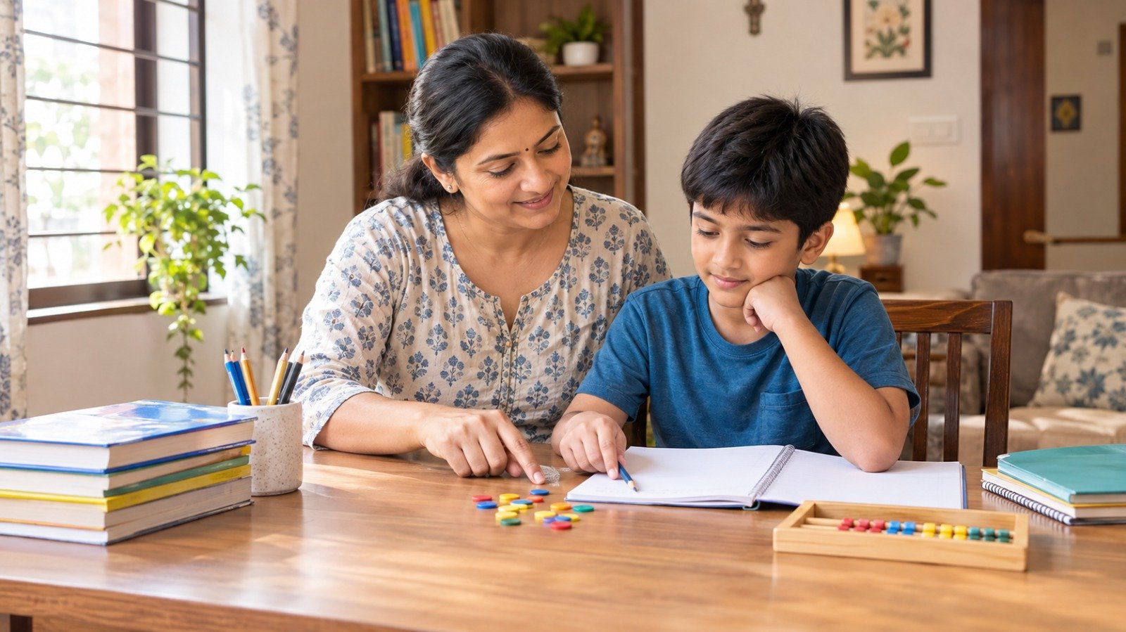 An Indian parent gently helps a school-age child practise maths at a home study desk.
