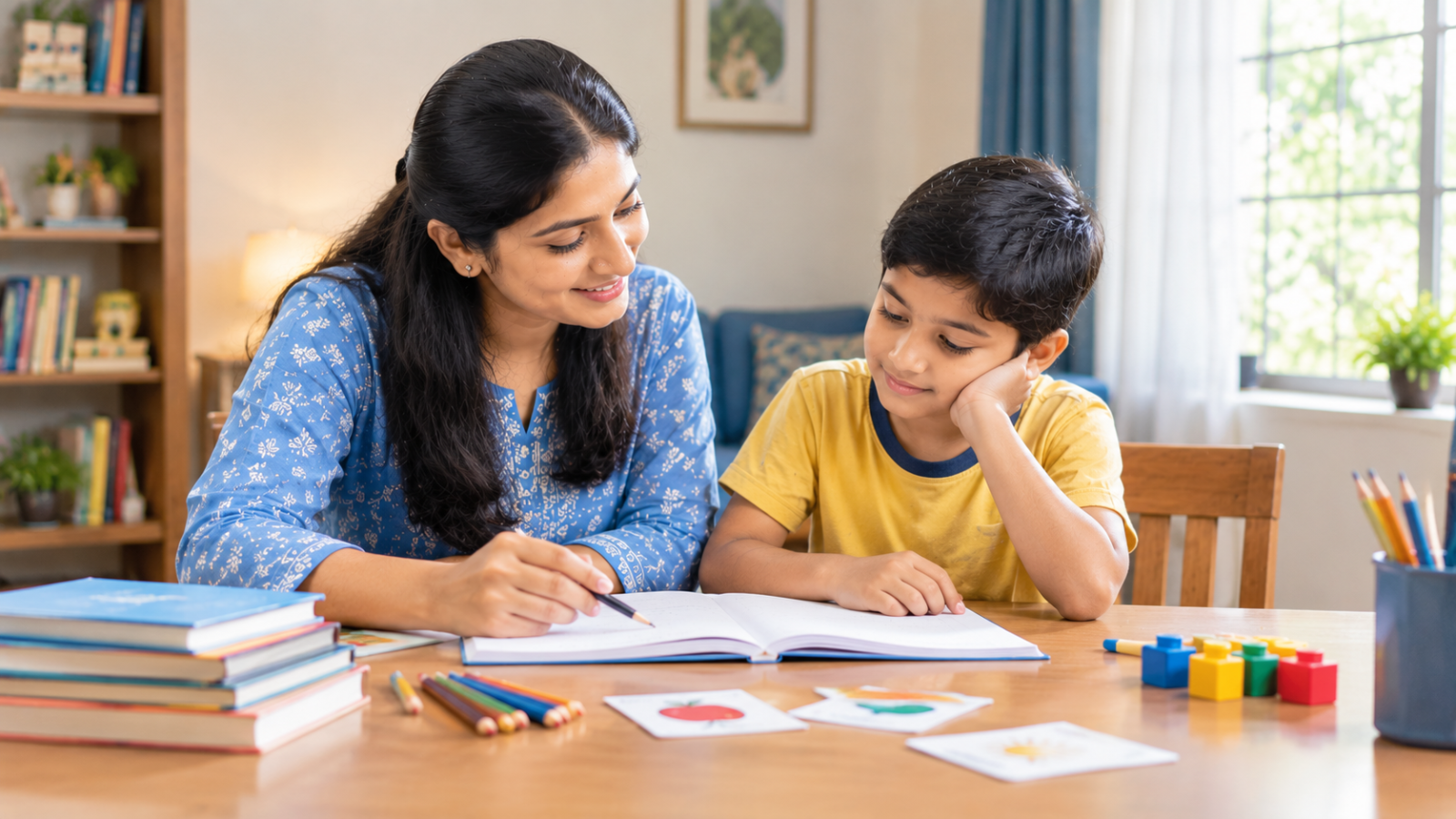 An Indian tutor patiently helping a school-age child practise a lesson at home.