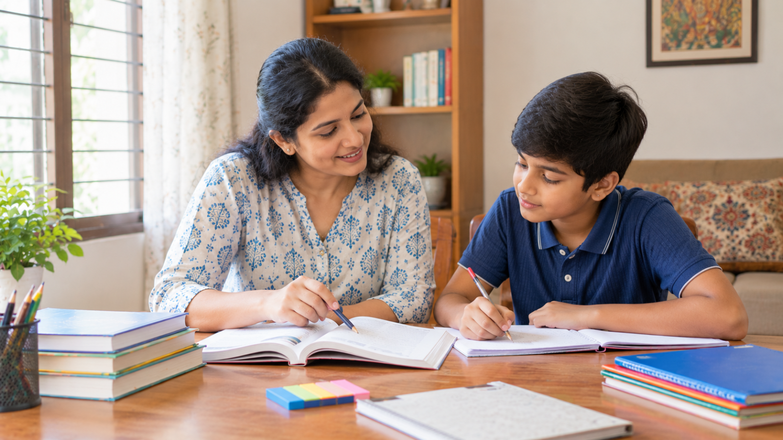 An Indian private tutor helps a school student study at a table in a comfortable home in Rajkot.
