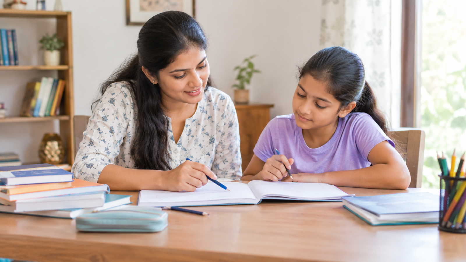 An Indian home tutor helps a school student plan learning goals and review progress in a bright, welcoming study space.