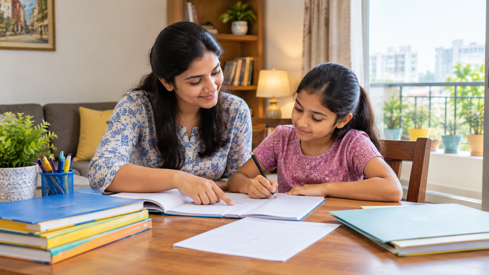 An Indian home tutor teaching a schoolchild at a desk in a bright, welcoming Ghaziabad home.