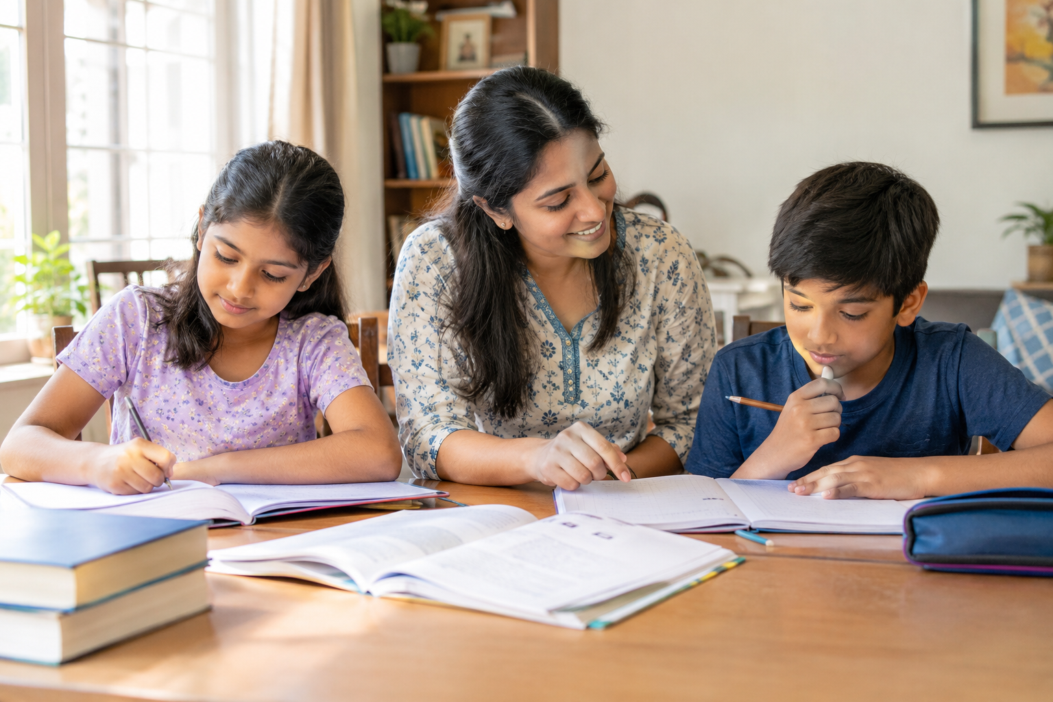 An Indian home tutor helps two school students work at different paces during a supportive study session.