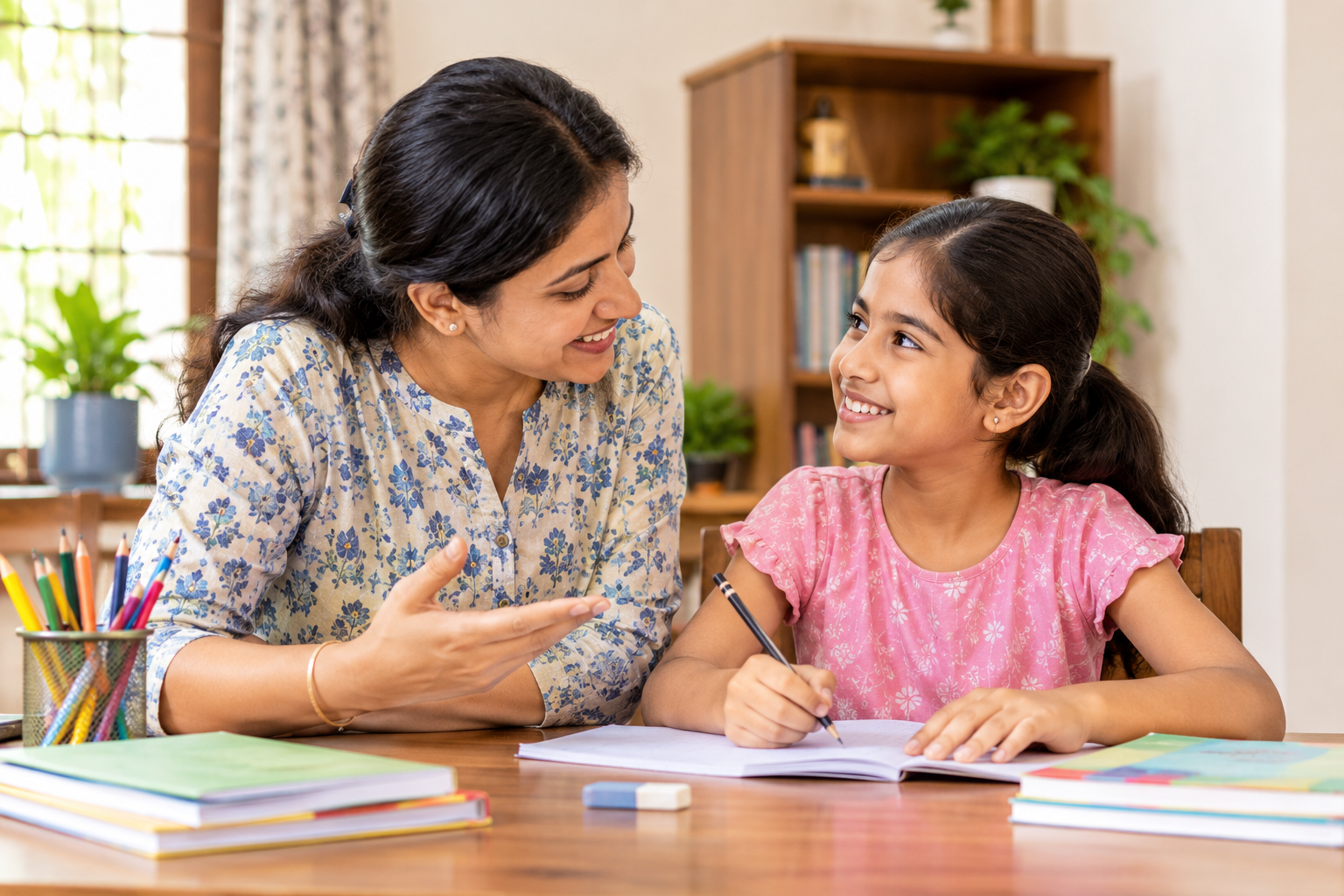 An Indian parent calmly encouraging a school-age child as they correct a mistake in a notebook.