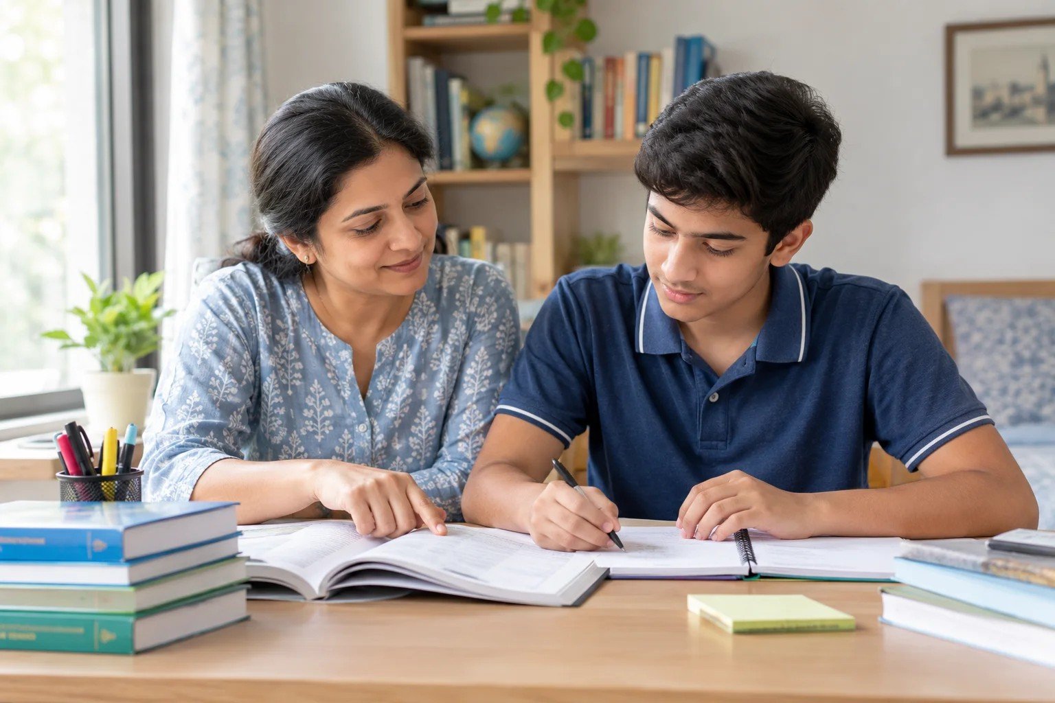 An Indian parent sits beside a school student studying from textbooks and a notebook at home in natural daylight.