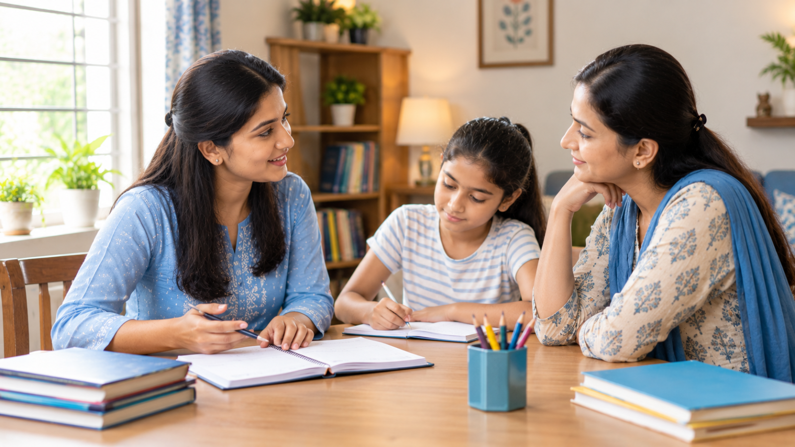 An Indian private tutor discussing a study plan with a parent at a tidy home study table.